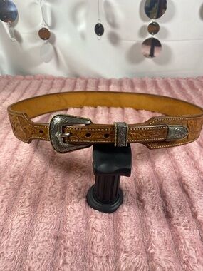 Handcrafted Hand Tooled Brown Leather Western Tapered Belt with Silver Buckle